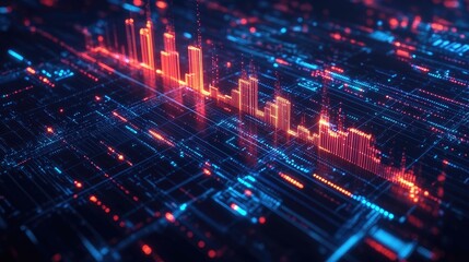 Fototapeta premium Abstract bar chart growing upward with glowing lines and futuristic digital elements on a clean background
