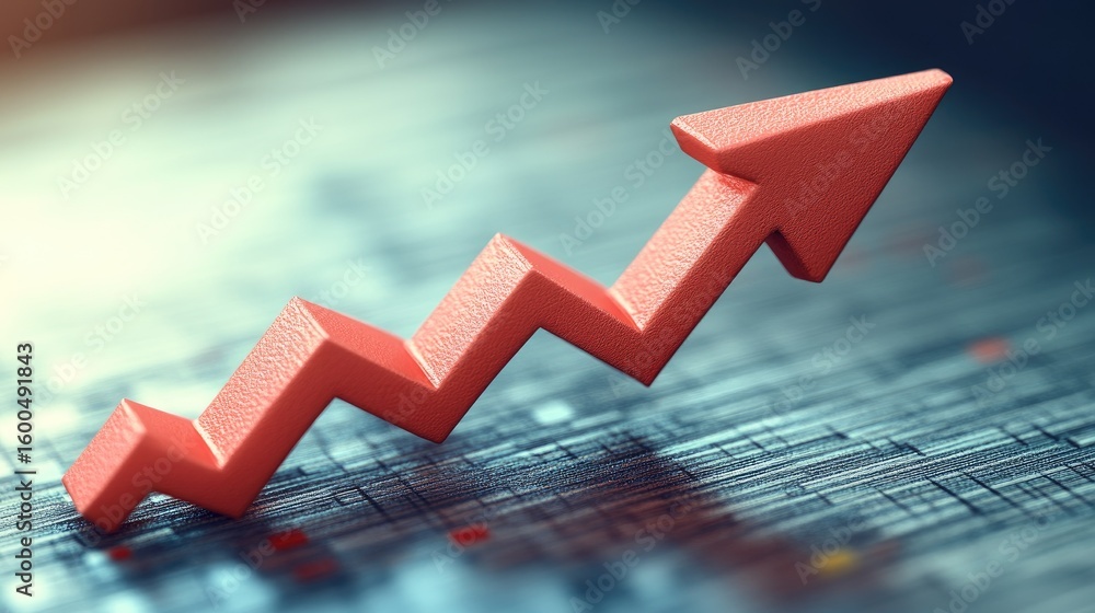 Poster rising arrow graph in 3d style with shadows on a light surface, symbolizing upward business momentum