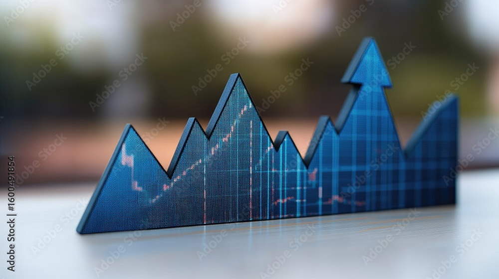 Poster rising arrow graph in 3d style with shadows on a light surface, symbolizing upward business momentum