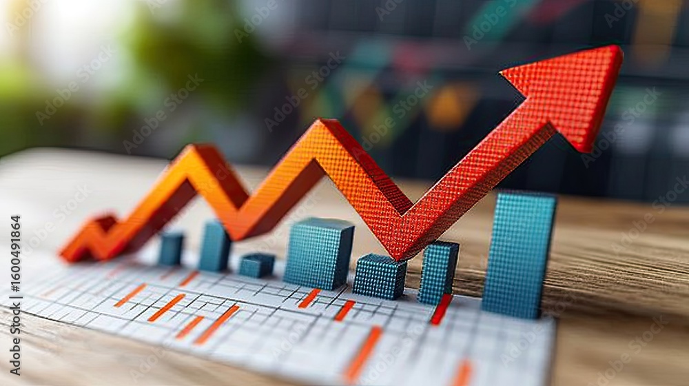Aufkleber rising arrow graph in 3d style with shadows on a light surface, symbolizing upward business momentum