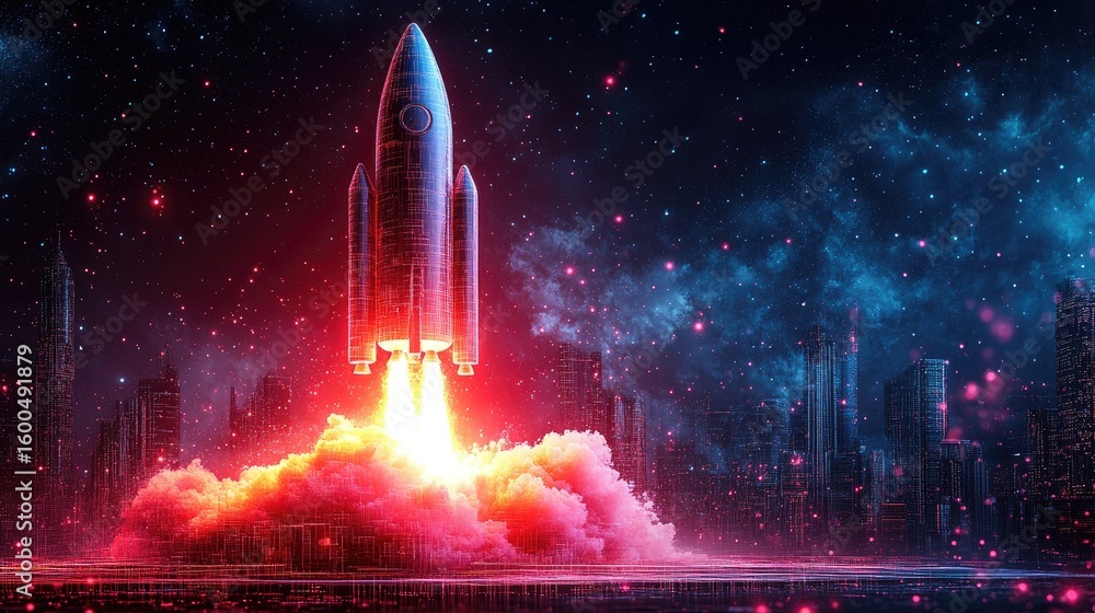 Poster rocket launching from a platform in abstract digital style, symbolizing business acceleration