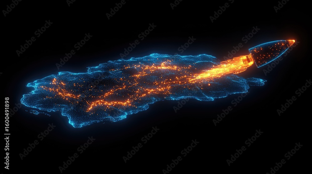 Poster rocket launching from a platform in abstract digital style, symbolizing business acceleration