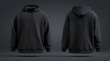 Sleek black hooded sweatshirt presented from two angles for versatile fashion and design projects