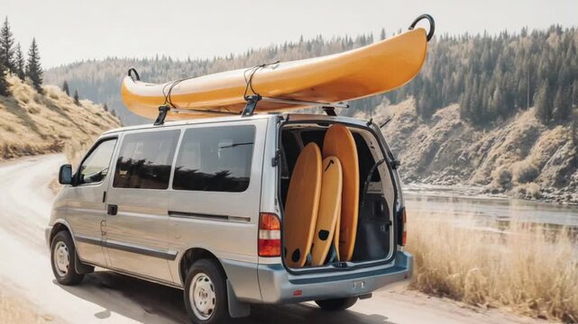 Silver van loaded with surfboards and kayak ready for outdoor adventure