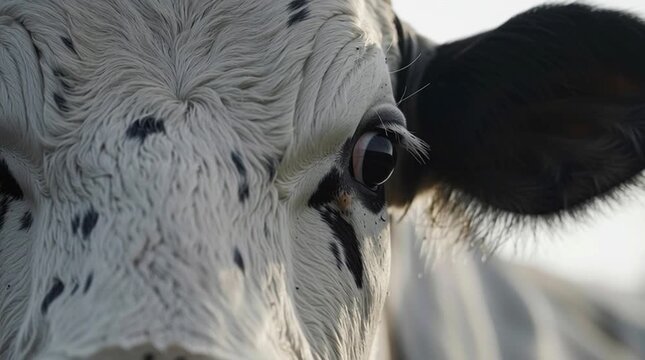 A white cow with black spots, its fur gently moving in the wind