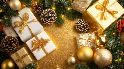 Sparkling golden holiday arrangement with festive gifts, natural pinecones, and evergreen branches.