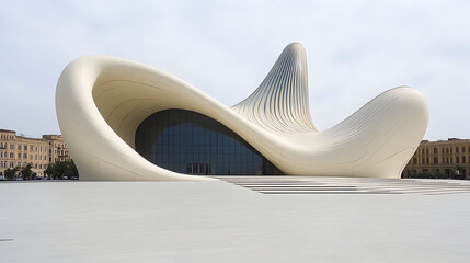Striking contemporary building featuring an innovative and gracefully curved facade against a clear sky.