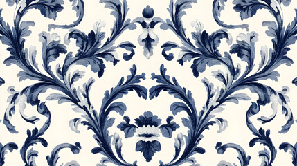 Stylized blue and white foliage creates a luxurious and traditional damask-like repeating pattern.