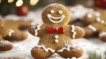 Sweet gingerbread man cookie with a bright smile ready for a joyful winter celebration.