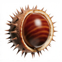 Macro Chestnut's Embrace: Unveiling the natural beauty of a chestnut as its textured shell gently unfurls, revealing the smooth, rich interior of a perfectly ripe seed. 