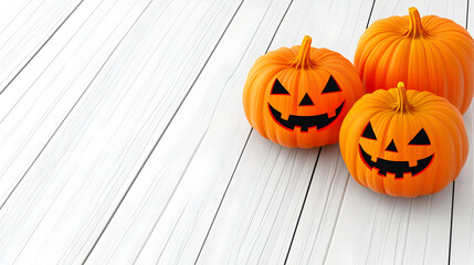 Three vibrant orange pumpkins, two carved as cheerful jack-o'-lanterns, rest on a bright white wooden .
