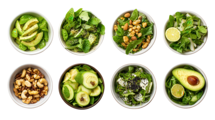 Fresh Green Salad Bowls: A flat lay of fresh green salad bowls with toppings like avocado, nuts, and vinaigrette, isolated on a Transparent background, PNG file.