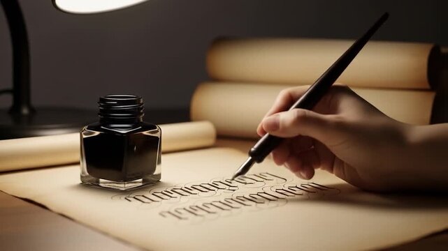 Close-up of Hand Writing Calligraphy with Ink Pen on Aged Paper