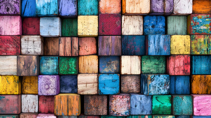 Vibrant array of weathered wooden blocks creating a rich, textured, and colorful background.