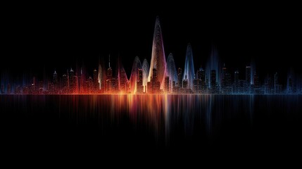 Abstract city skyline, vibrant colors, digital art, reflected on dark water