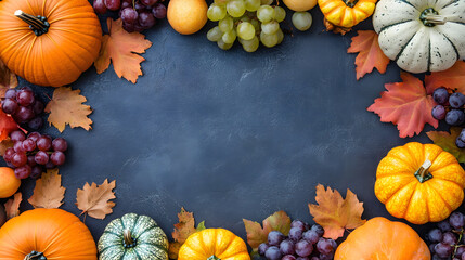 Vibrant autumn harvest arrangement featuring colorful pumpkins, gourds, grapes, and fallen leaves on a dark