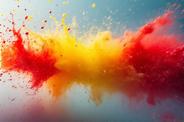 Vibrant Red and Yellow Powder Explosion Against Blue Sky.