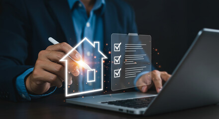 Real Estate Tech: A person meticulously interacts with cutting-edge technology, a digitized house and checklist, and represents innovation and the future of property and the real estate market.