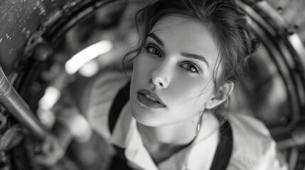 Captivating portrait of a young woman in vintage attire urban environment black and white photography artistic perspective