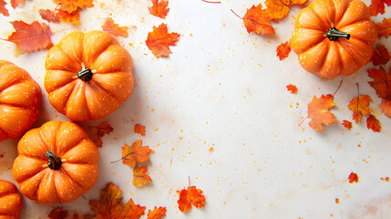 Vibrant orange pumpkins and scattered autumn leaves create a festive fall background with speckles