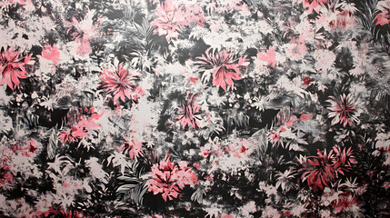 Vibrant pink and red flowers bloom across a dark, distressed abstract background with artistic textures.