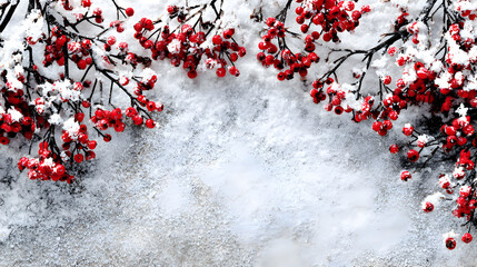 Vibrant red berries covered in fresh white snow create a beautiful winter nature scene.