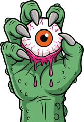 Monster claw holding eyeball, dripping slime, creepy horror illustration, cartoon style, scary Halloween vector art, spooky creature hand, detailed design
