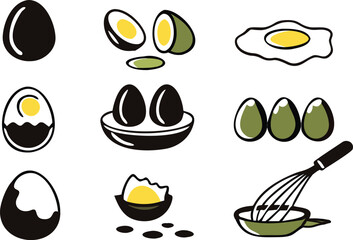 Black and Yellow Egg Icons Set Cooking Breakfast Food 
