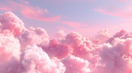 Voluminous clouds glow softly in a serene sky, painted with delicate shades of pink and gentle purple light.