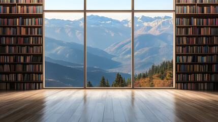 Warm interior space featuring a grand window revealing majestic snow-capped peaks and autumn trees.