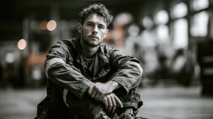 Soldier reflecting on duty military base portrait indoor close-up resilience