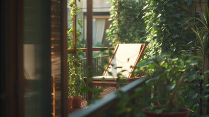 Obraz premium Lush balcony garden perfect relaxing place concept. A serene balcony filled with greenery and sunlight, perfect for relaxation.
