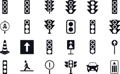 Collection of black and white traffic sign icons featuring stoplights pedestrian signals and road safety elements for design projects 

