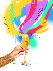 Collage of female hand holding champagne glass with colorful abstract lines going from it. Concept...
