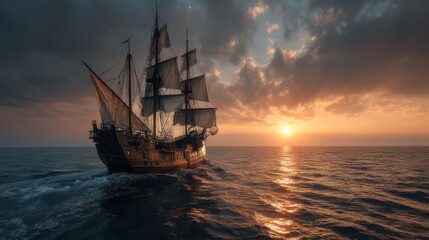 Fototapeta premium Historical Sailing Ship at Sunset 