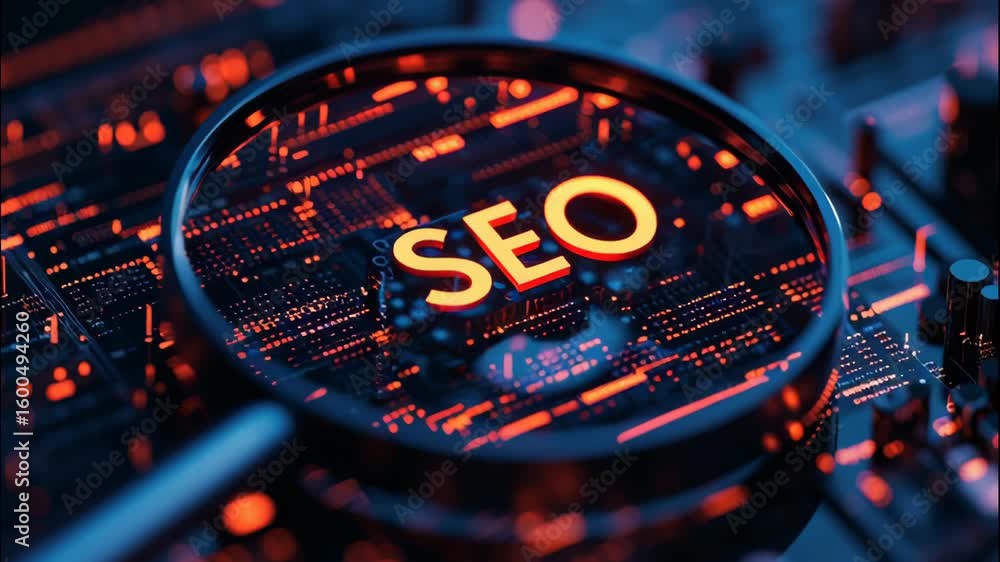 Poster magnifying glass hovering over circuit board illuminating data with vibrant seo theme