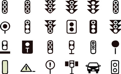 Collection of black and white traffic sign icons featuring stoplights pedestrian signals and road safety elements for design projects 
