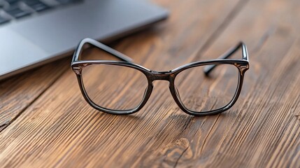 Pattern Framed Eyeglasses on Wooden Desk with Laptop Corner Peeking In