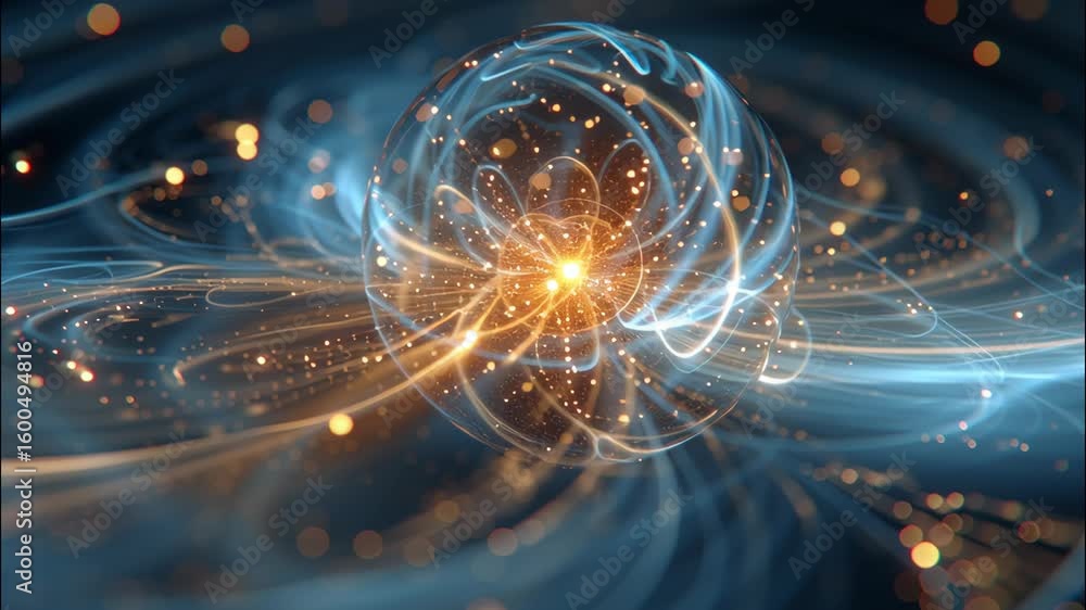 Poster intricate glowing orb with slow tracking shot highlighting revealing light trails and patterns