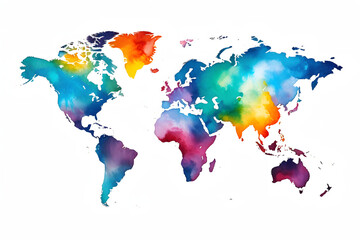 Light grunge watercolor world map isolated on white and transparent background
