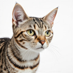 Elegant Bengal Cat Portrait: A striking close-up of a Bengal cat, showcasing its distinctive spotted coat and focused gaze, against a clean backdrop, highlighting the cat's striking features.