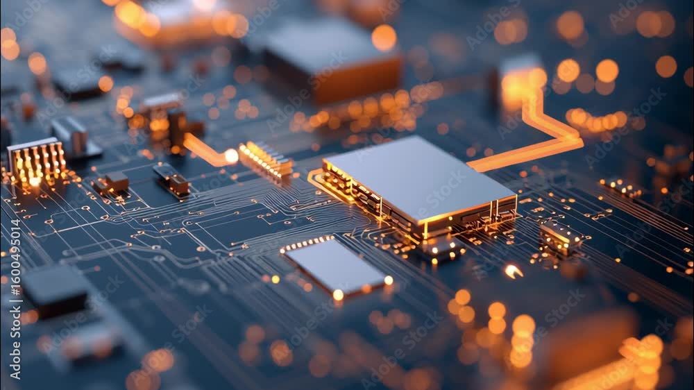 Poster detailed close-up shot of a circuit board with bright lights and intricate patterns