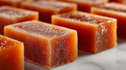 Close-up of multiple rectangular caramel-colored soap bars arranged in rows on smooth surface