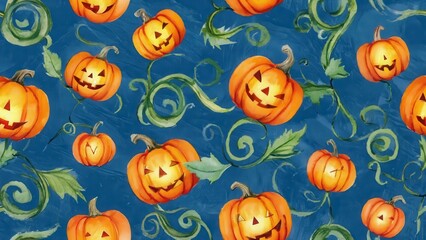 Fototapeta premium Seamless watercolor pattern with halloween pumpkins