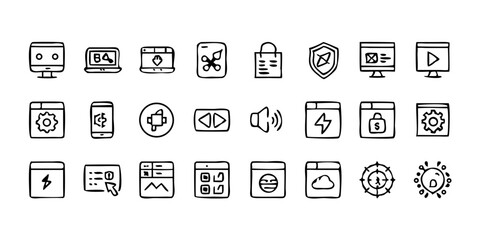  A line-style set of digital marketing web icons. Social media, networking, feedback, communication, marketing, and e-commerce. Vector illustrations.