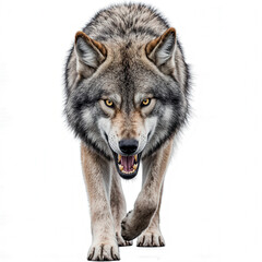 Fototapeta premium Majestic Wolf: A powerful wolf, radiating intensity and authority, strides forward with unwavering confidence. Its piercing gaze and open mouth captivate.