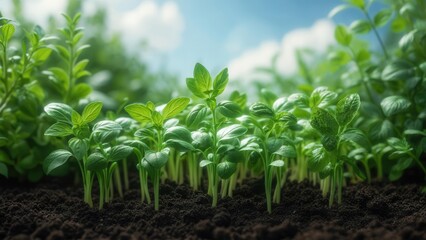 A row of young green plants sprouts from the soil, freshly planted, under a blue sky and sunlight. Concept of growth and ecology