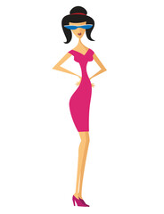Cute cartoon hand drawn vector women in pink dress clipart.