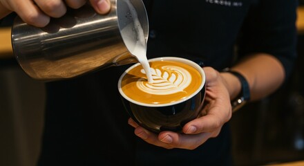 Pouring beautiful latte art into a dark cup.  Hands holding the cup steady. A metal pitcher is being used for the creamy pour.