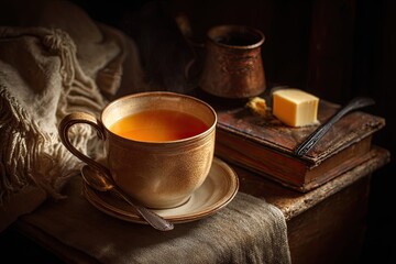 Warm tea, butter, and book in dim light